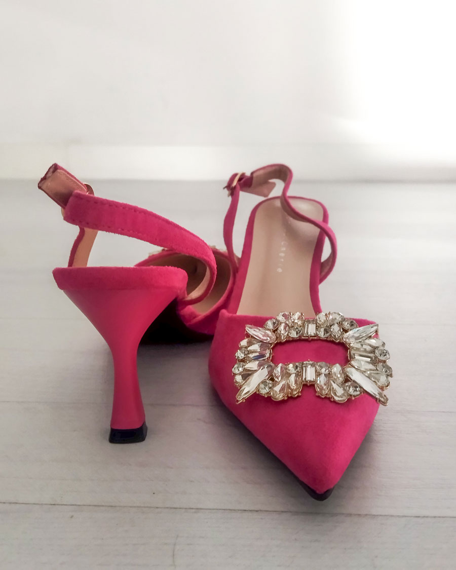 Zapato Tacón Fucsia Abierto Destalonado Brillos - Imagen 4