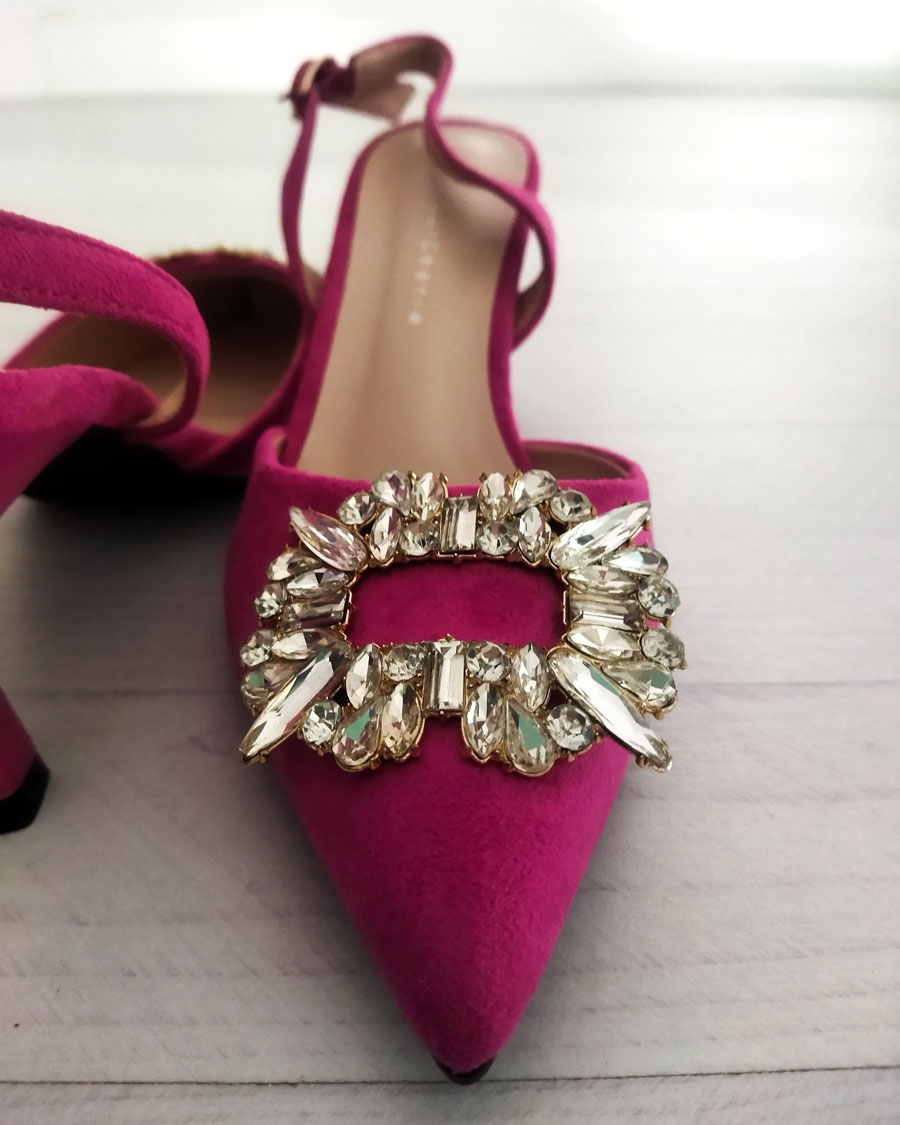 Zapato Tacón Fucsia Abierto Destalonado Brillos - Imagen 3