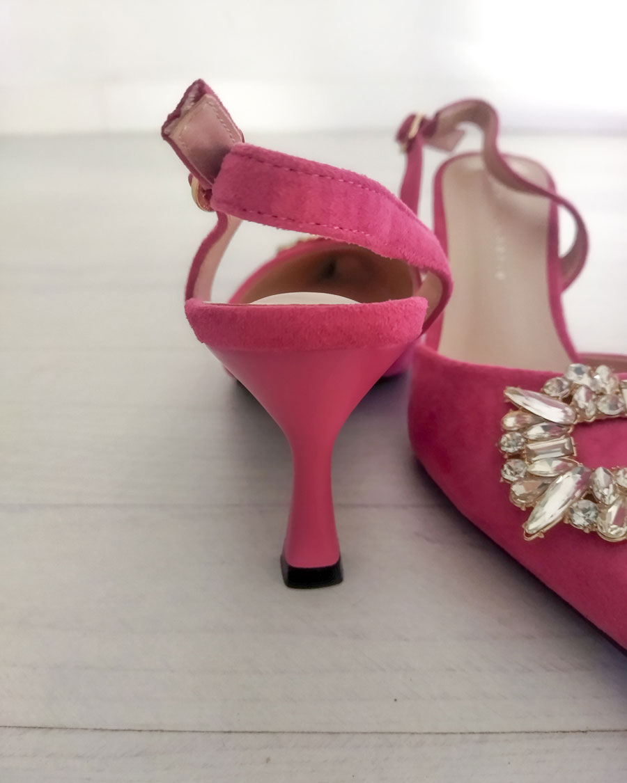 Zapato Tacón Fucsia Abierto Destalonado Brillos - Imagen 2